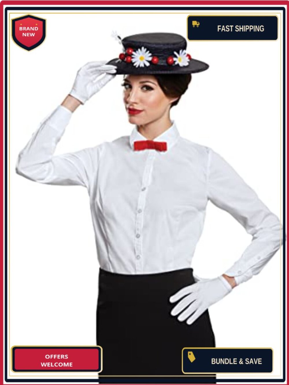 Mary Poppins Accessory Kit Hat Bow Tie Gloves Adult Costume Set